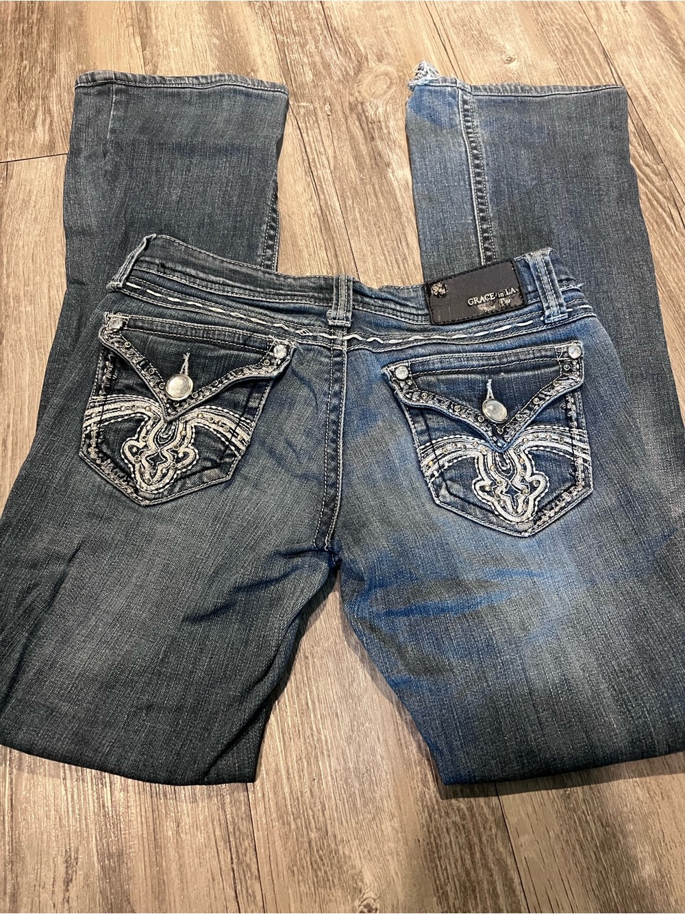 Grace in LA Women's Dark Blue Straight Leg Jeans with Embroidered Back Pockets